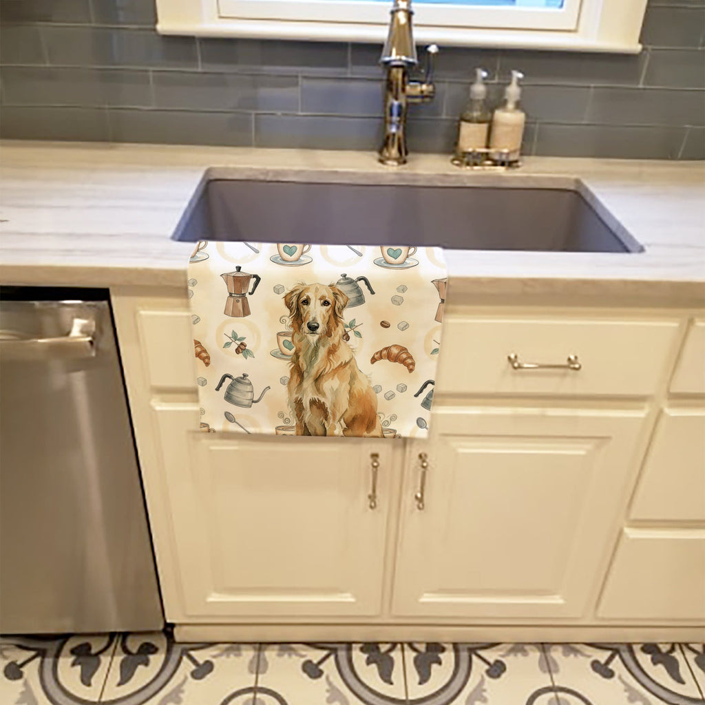 Wheaten Scottish Deerhound Coffee Bar Kitchen Towel Velour Plush Front and Cotton Loop Back Machine Washable