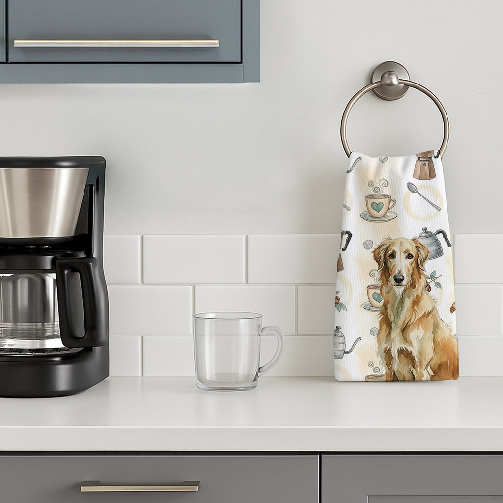 Wheaten Scottish Deerhound Coffee Bar Kitchen Towel Velour Plush Front and Cotton Loop Back Machine Washable