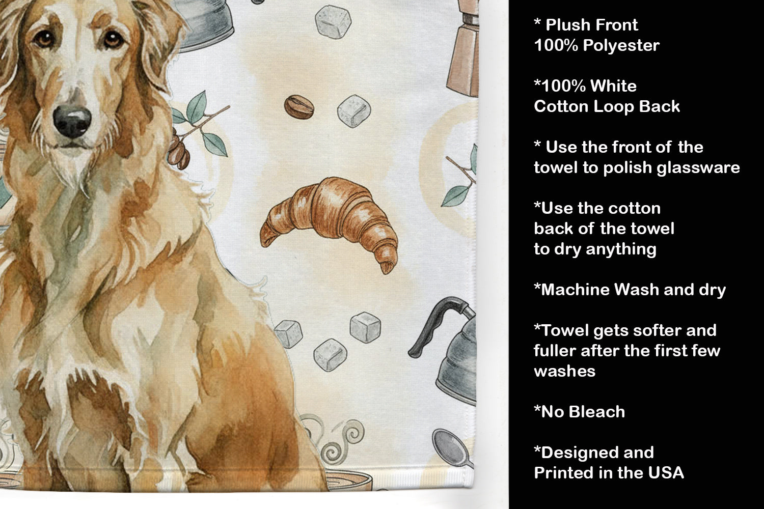 Wheaten Scottish Deerhound Coffee Bar Kitchen Towel Velour Plush Front and Cotton Loop Back Machine Washable