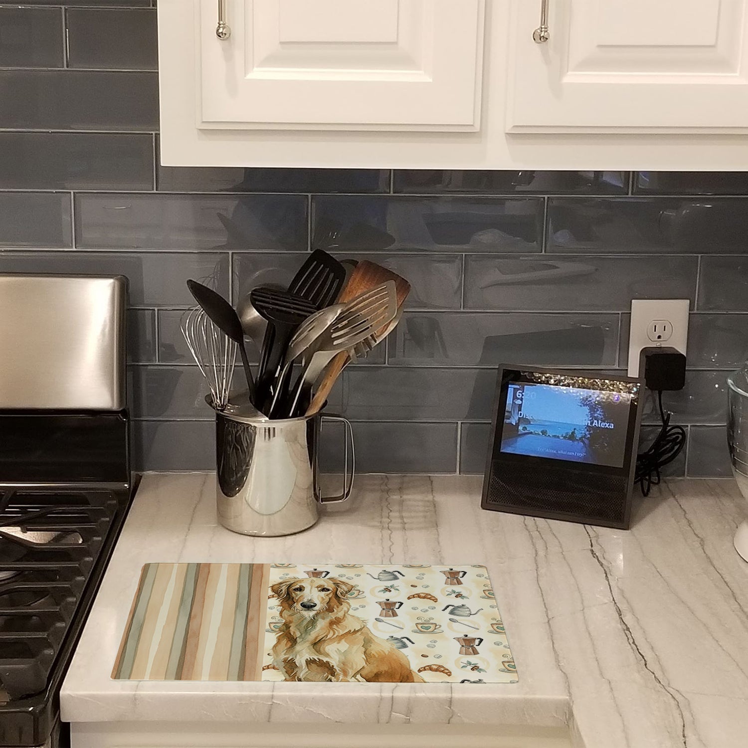Wheaten Scottish Deerhound Coffee Bar Cutting Board Tempered Glass Kitchen Cutting Surface, Heat Resistant Chopping, Non-Slip Feet, Food Prep & Serving