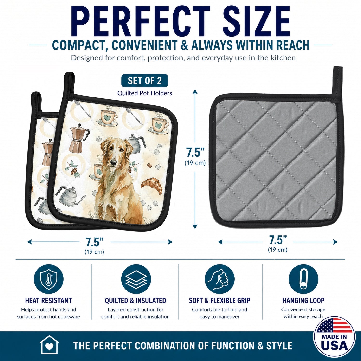 Wheaten Scottish Deerhound Coffee Bar Pot Holder Set of 2 Heat Resistant Quilted Hot Pads 7.5 x 7.5 Inch, Insulated Kitchen Trivets for Cooking & Baking