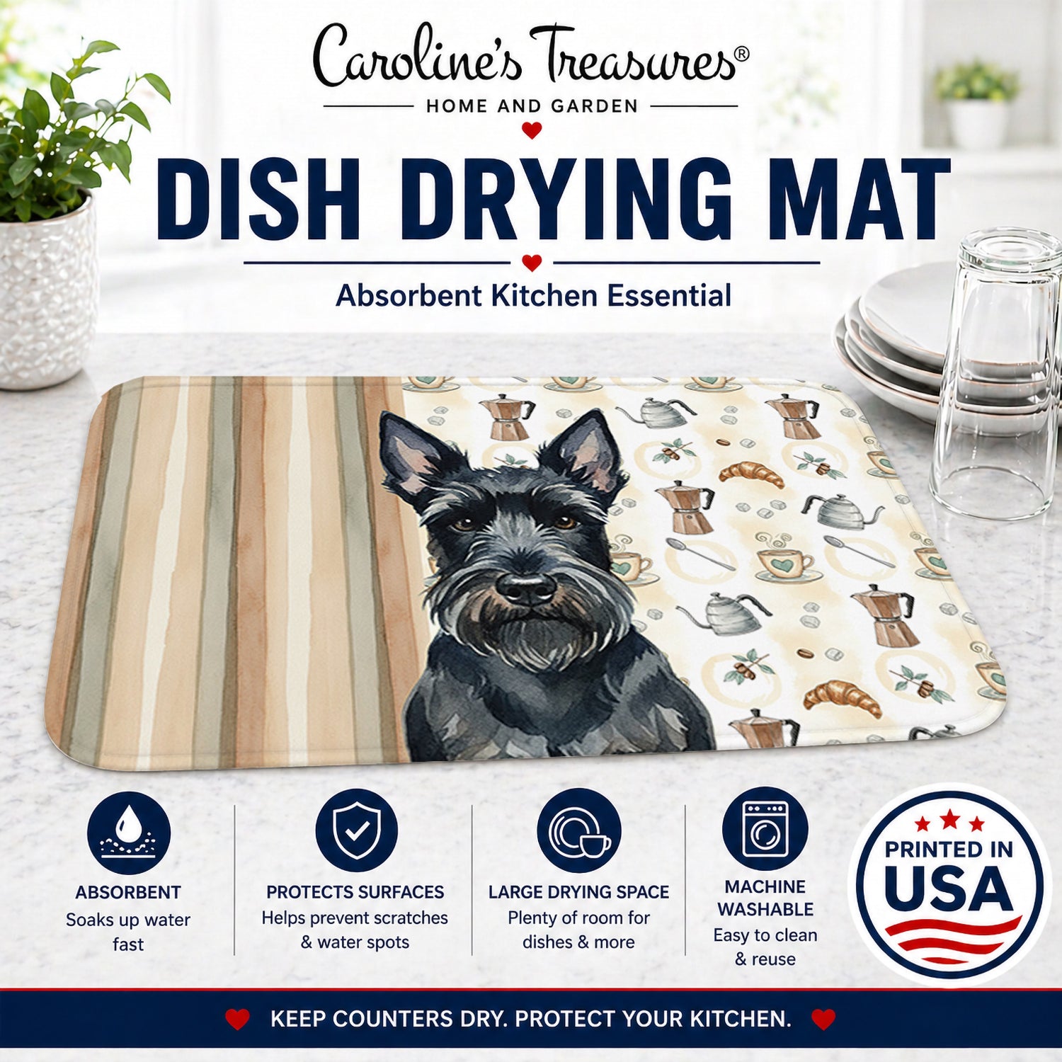 Scottish Terrier Coffee Bar Dish Drying Mat Absorbent Dish Drying Mat Pad for Kitchen Counter Dish Drainer Mat for Countertop, 14 x 21", Multicolor