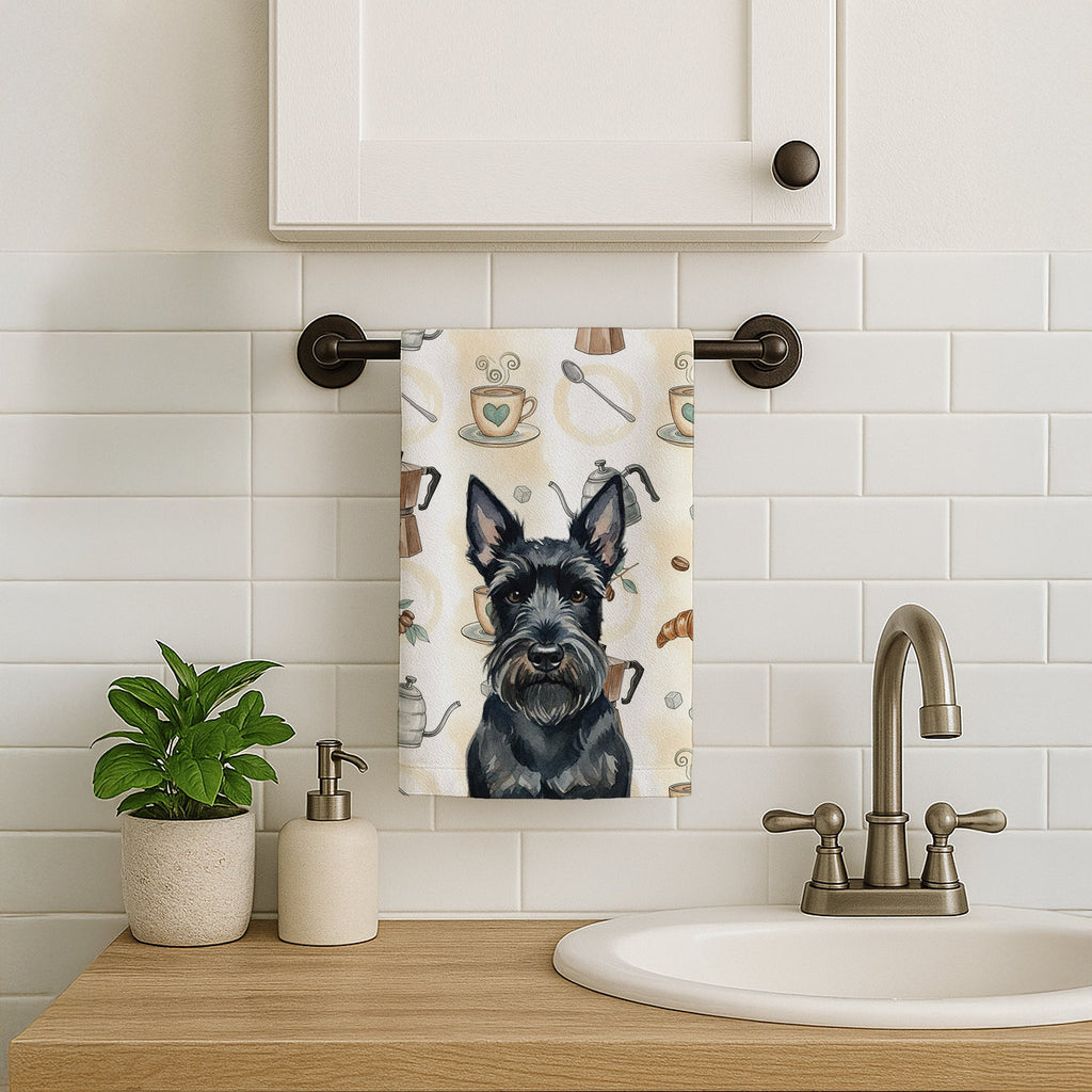 Scottish Terrier Coffee Bar Kitchen Towel Velour Plush Front and Cotton Loop Back Machine Washable