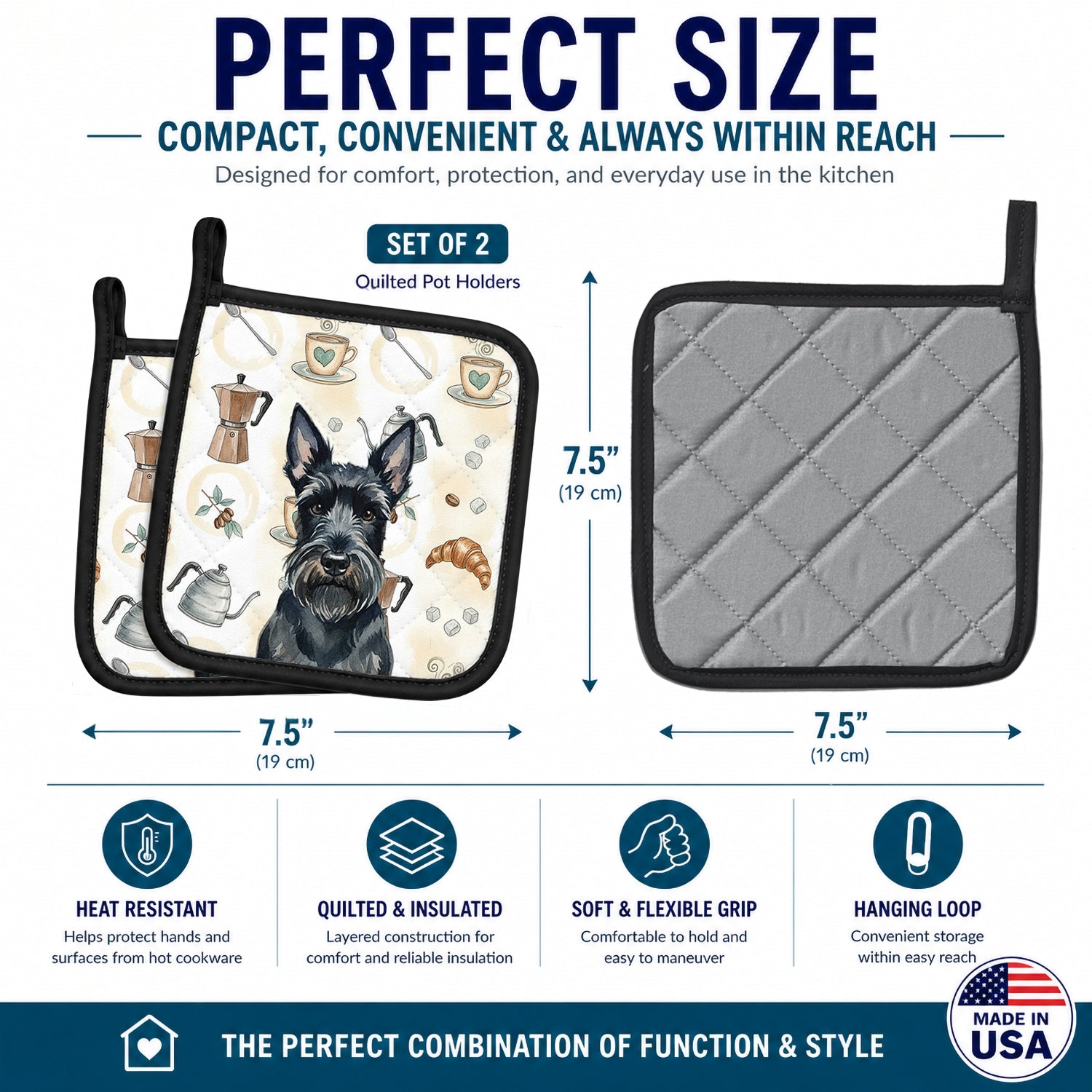 Scottish Terrier Coffee Bar Pot Holder Set of 2 Heat Resistant Quilted Hot Pads 7.5 x 7.5 Inch, Insulated Kitchen Trivets for Cooking & Baking