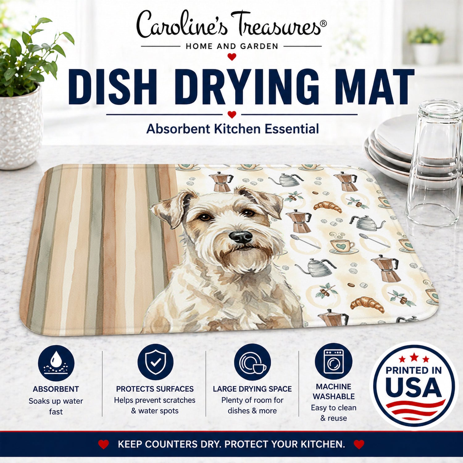Sealyham Terrier Coffee Bar Dish Drying Mat Absorbent Dish Drying Mat Pad for Kitchen Counter Dish Drainer Mat for Countertop, 14 x 21", Multicolor