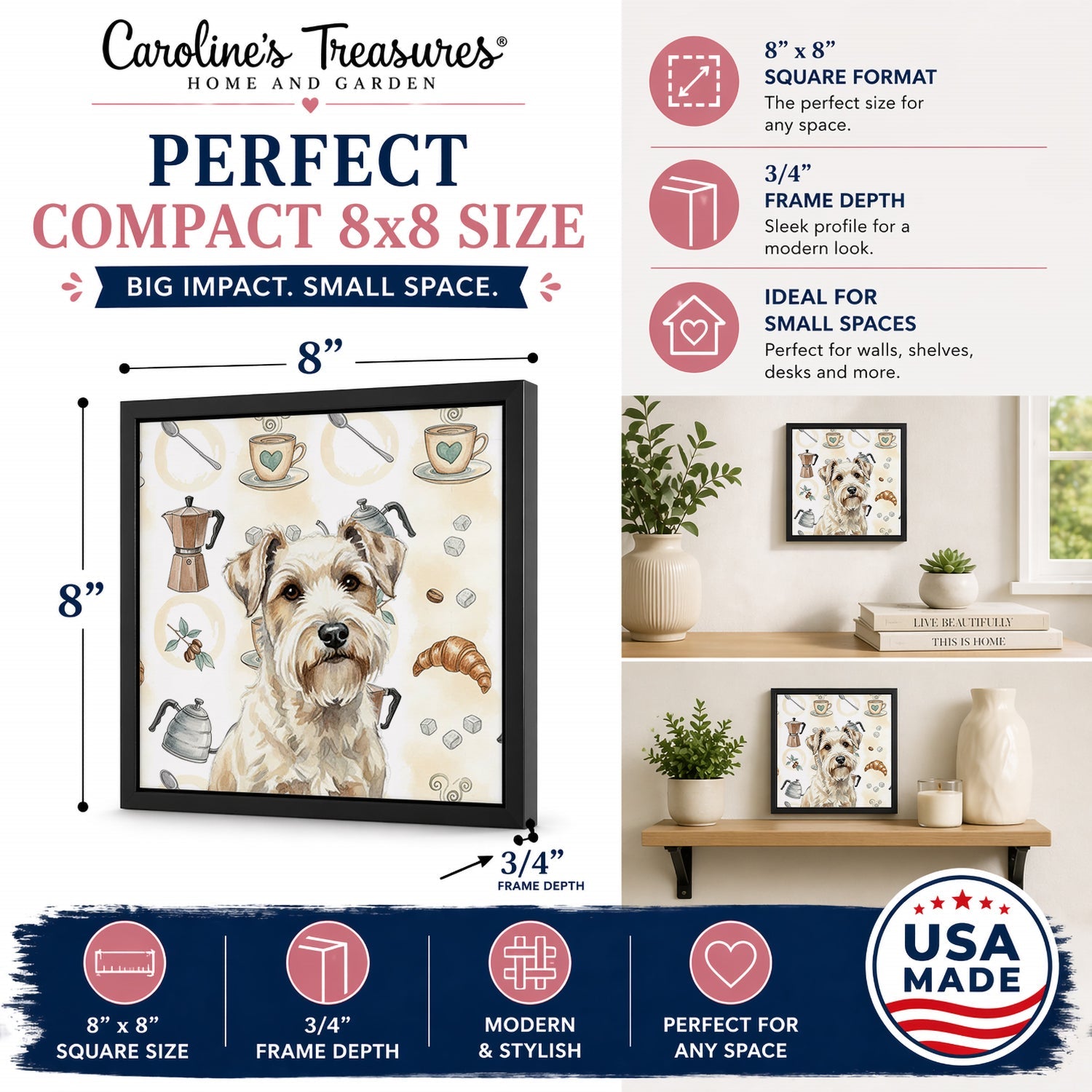 Sealyham Terrier Coffee Bar Framed Metal Print Bathroom, Kitchen, Office, Home Decor Wall Art Ready to Hang, Square, 8X8