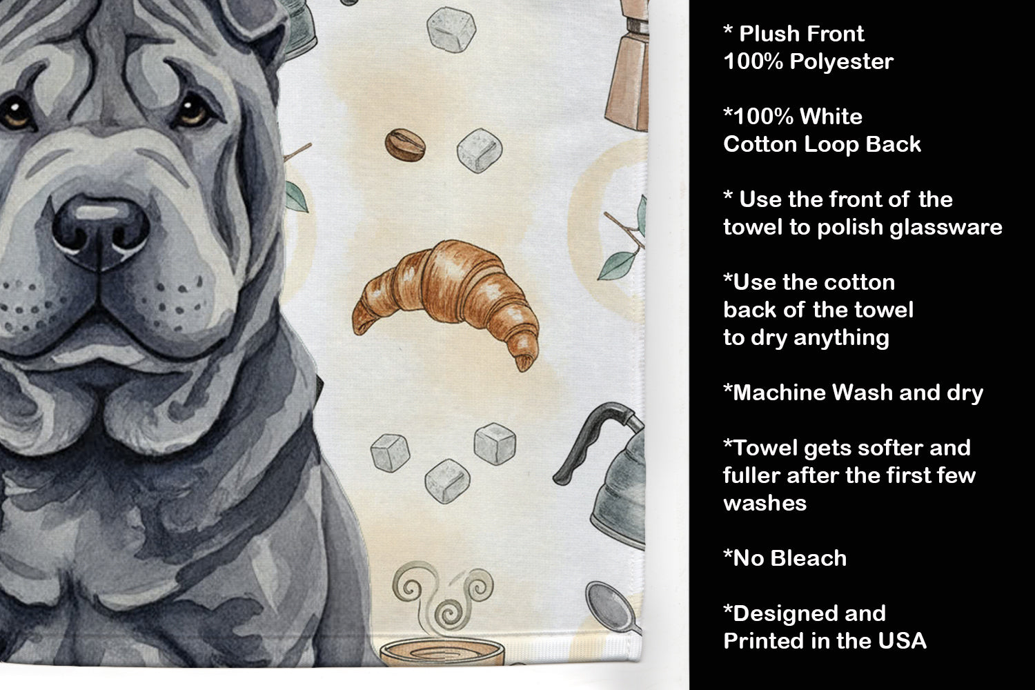 Black Shar Pei Coffee Bar Kitchen Towel Velour Plush Front and Cotton Loop Back Machine Washable