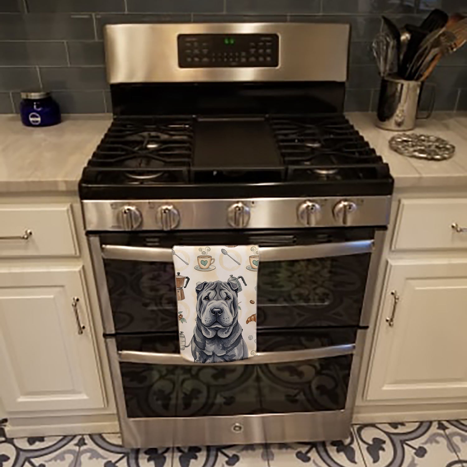Black Shar Pei Coffee Bar Kitchen Towel Velour Plush Front and Cotton Loop Back Machine Washable