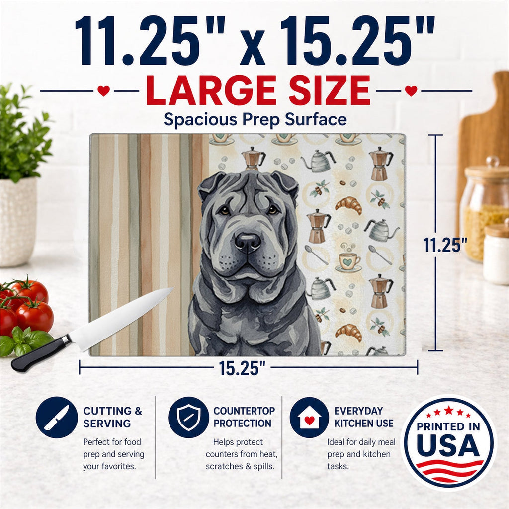 Black Shar Pei Coffee Bar Cutting Board Tempered Glass Kitchen Cutting Surface, Heat Resistant Chopping, Non-Slip Feet, Food Prep & Serving