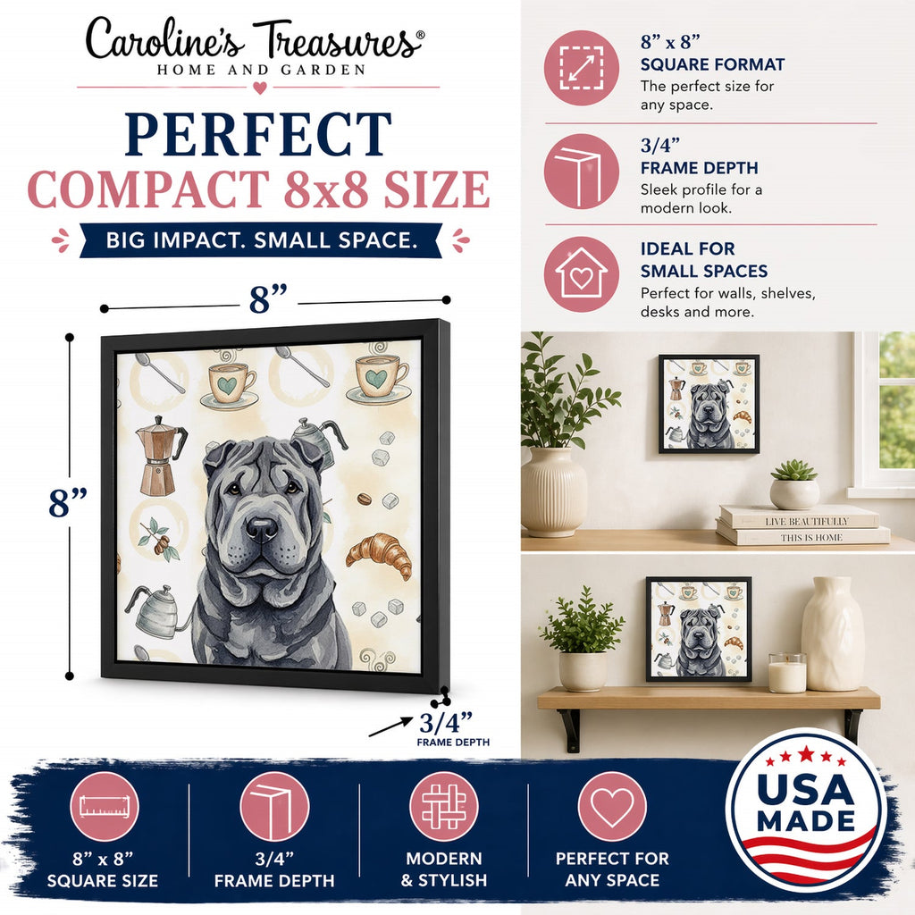 Black Shar Pei Coffee Bar Framed Metal Print Bathroom, Kitchen, Office, Home Decor Wall Art Ready to Hang, Square, 8X8