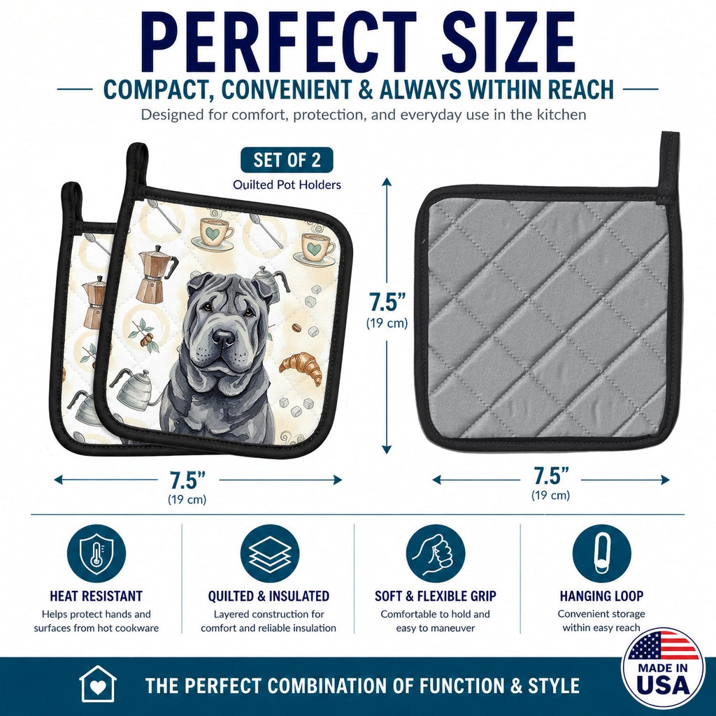 Black Shar Pei Coffee Bar Pot Holder Set of 2 Heat Resistant Quilted Hot Pads 7.5 x 7.5 Inch, Insulated Kitchen Trivets for Cooking & Baking
