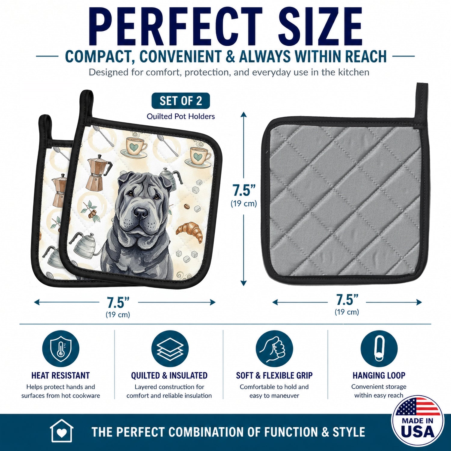 Black Shar Pei Coffee Bar Pot Holder Set of 2 Heat Resistant Quilted Hot Pads 7.5 x 7.5 Inch, Insulated Kitchen Trivets for Cooking & Baking