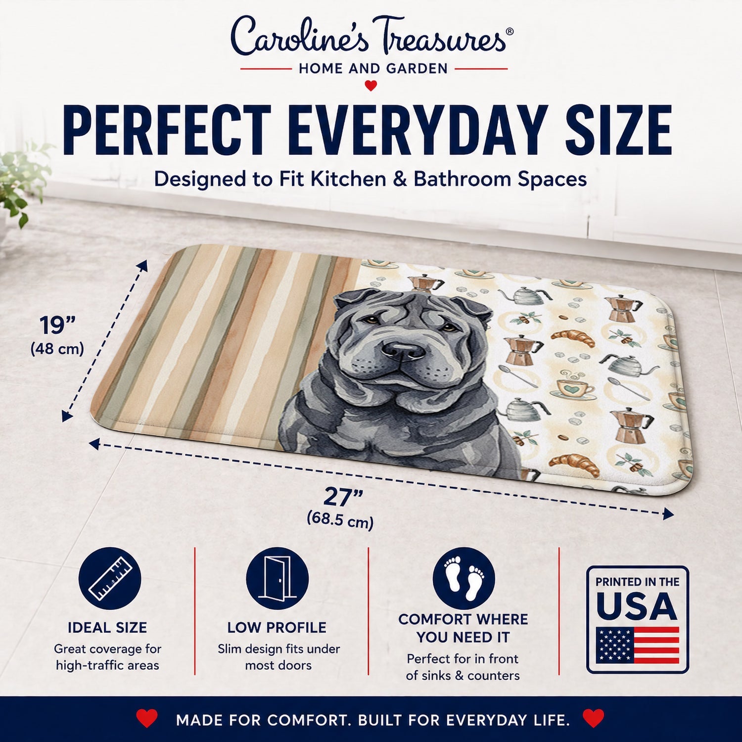 Black Shar Pei Coffee Bar Memory Foam Kitchen Mat Machine Washable Anti-Fatigue Cushion Comfort Bath or Kitchen Rug