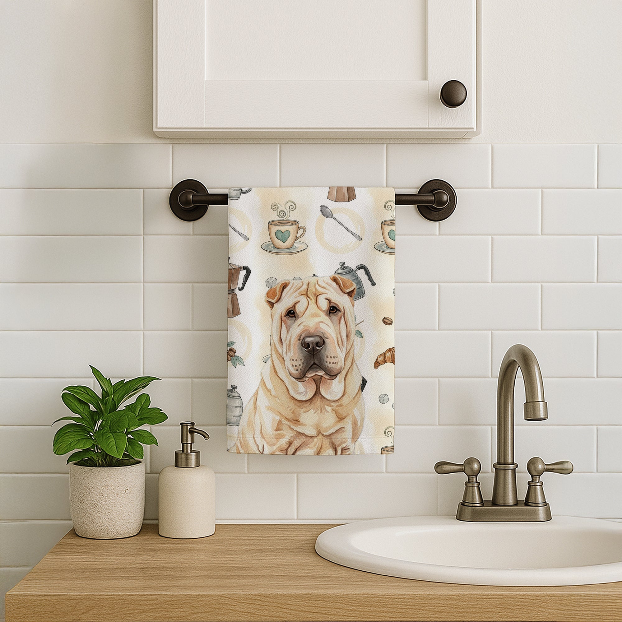 Shar Pei Coffee Bar Kitchen Towel Velour Plush Front and Cotton Loop Back Machine Washable