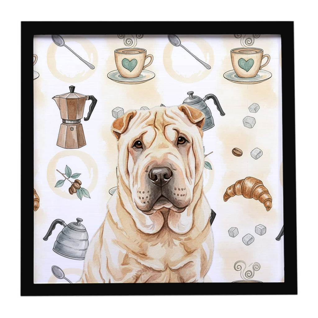 Shar Pei Coffee Bar Framed Metal Print Bathroom, Kitchen, Office, Home Decor Wall Art Ready to Hang, Square, 8X8