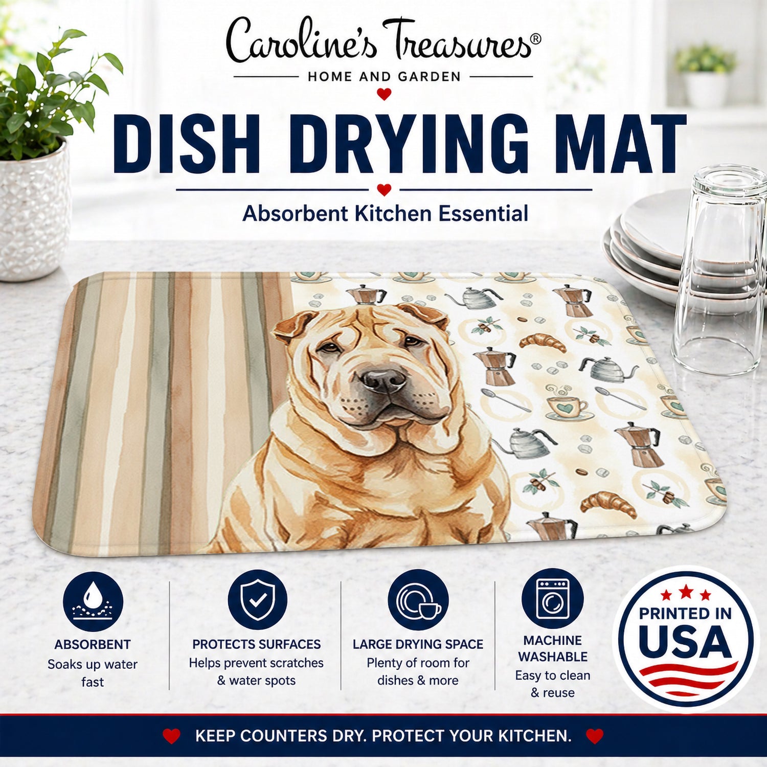 Red Shar Pei Coffee Bar Dish Drying Mat Absorbent Dish Drying Mat Pad for Kitchen Counter Dish Drainer Mat for Countertop, 14 x 21", Multicolor