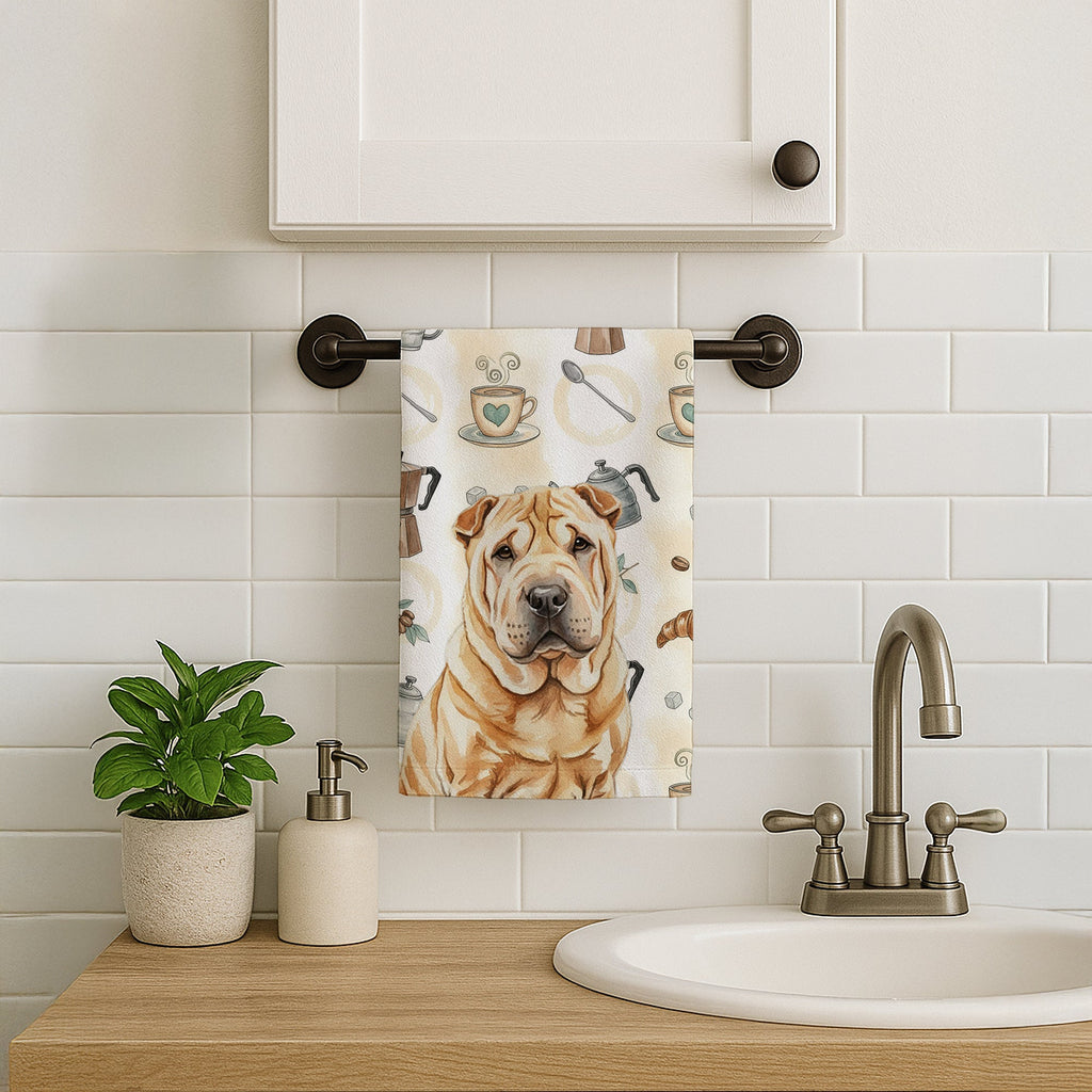 Red Shar Pei Coffee Bar Kitchen Towel Velour Plush Front and Cotton Loop Back Machine Washable
