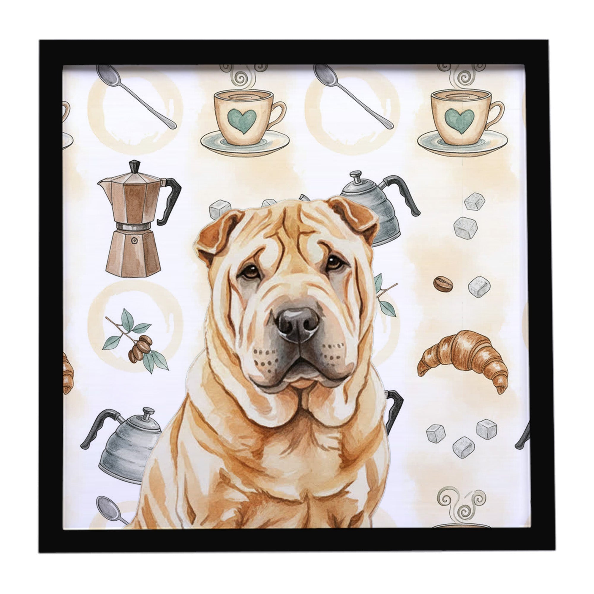 Red Shar Pei Coffee Bar Framed Metal Print Bathroom, Kitchen, Office, Home Decor Wall Art Ready to Hang, Square, 8X8