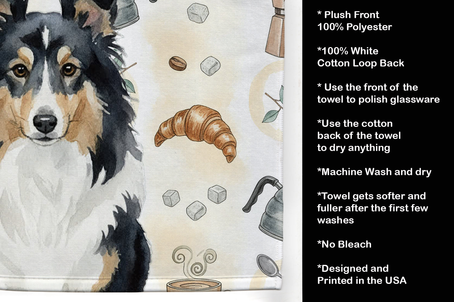 Tricolor Sheltie Coffee Bar Kitchen Towel Velour Plush Front and Cotton Loop Back Machine Washable