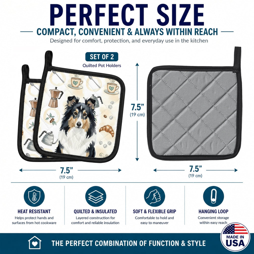 Tricolor Sheltie Coffee Bar Pot Holder Set of 2 Heat Resistant Quilted Hot Pads 7.5 x 7.5 Inch, Insulated Kitchen Trivets for Cooking & Baking