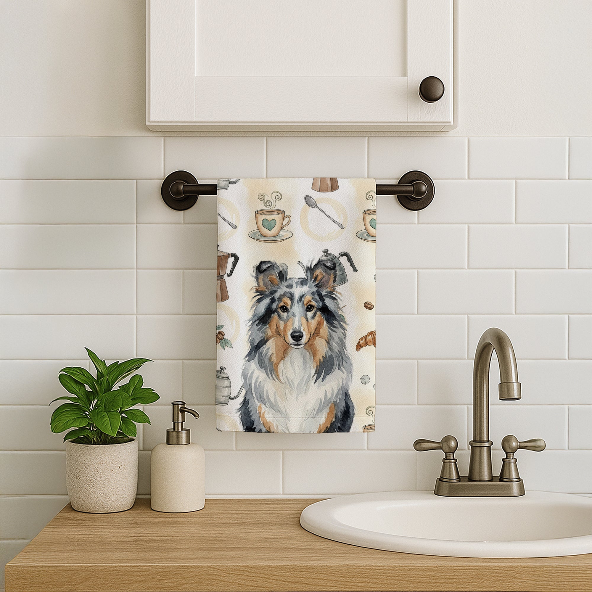Blue Merle Sheltie Coffee Bar Kitchen Towel Velour Plush Front and Cotton Loop Back Machine Washable