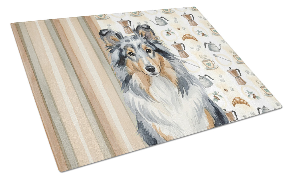 Blue Merle Sheltie Coffee Bar Cutting Board Tempered Glass Kitchen Cutting Surface, Heat Resistant Chopping, Non-Slip Feet, Food Prep & Serving
