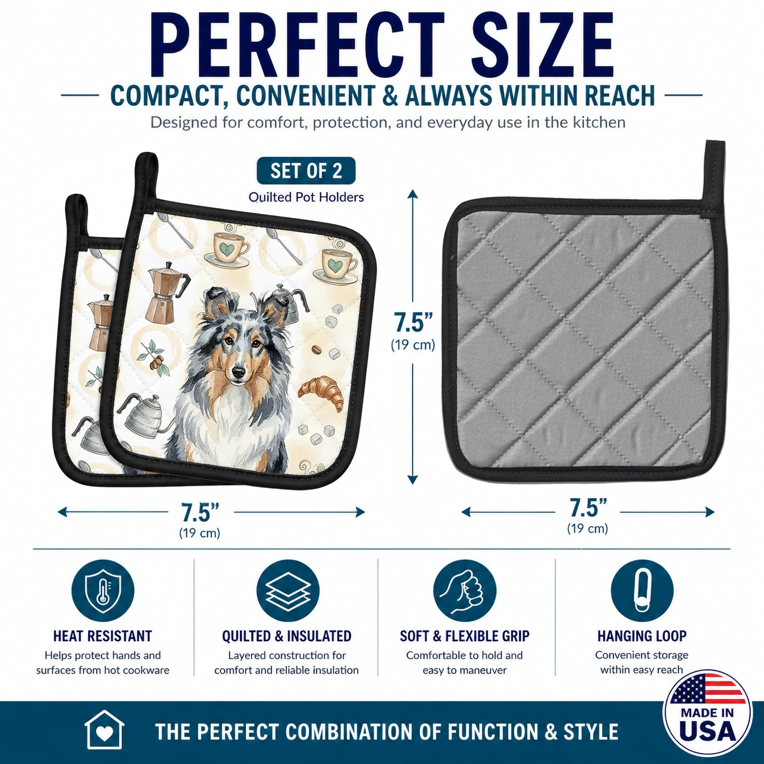 Blue Merle Sheltie Coffee Bar Pot Holder Set of 2 Heat Resistant Quilted Hot Pads 7.5 x 7.5 Inch, Insulated Kitchen Trivets for Cooking & Baking
