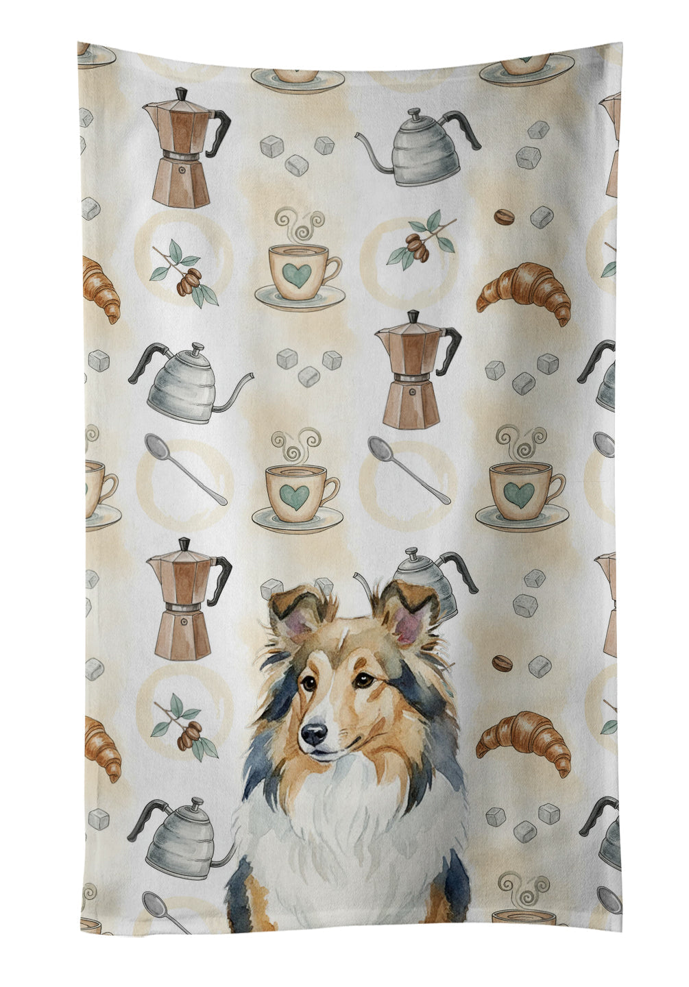 Sable Sheltie Coffee Bar Kitchen Towel Velour Plush Front and Cotton Loop Back Machine Washable