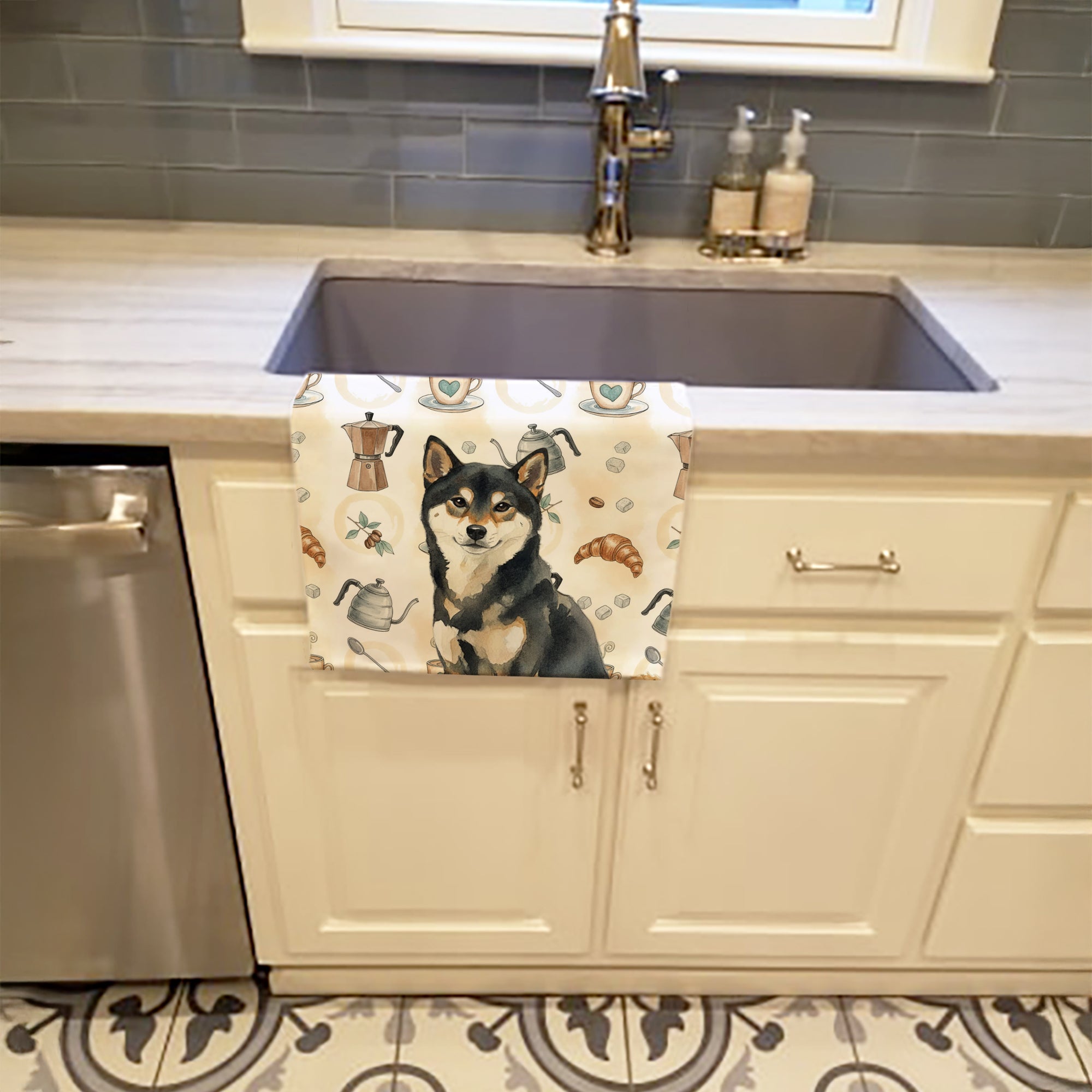 Black and Tan Shiba Inu Coffee Bar Kitchen Towel Velour Plush Front and Cotton Loop Back Machine Washable