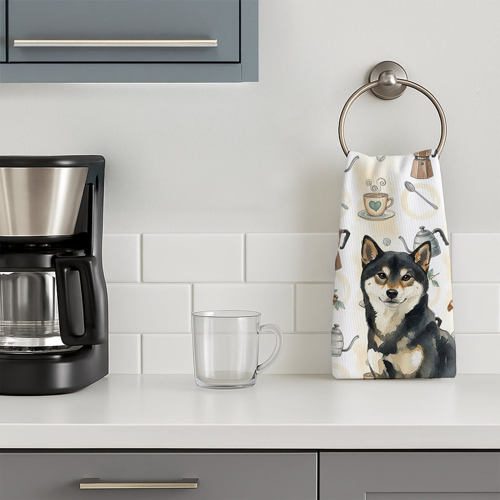 Black and Tan Shiba Inu Coffee Bar Kitchen Towel Velour Plush Front and Cotton Loop Back Machine Washable