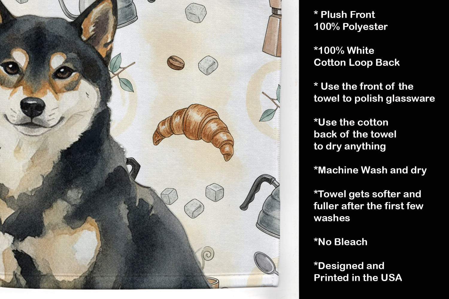 Black and Tan Shiba Inu Coffee Bar Kitchen Towel Velour Plush Front and Cotton Loop Back Machine Washable