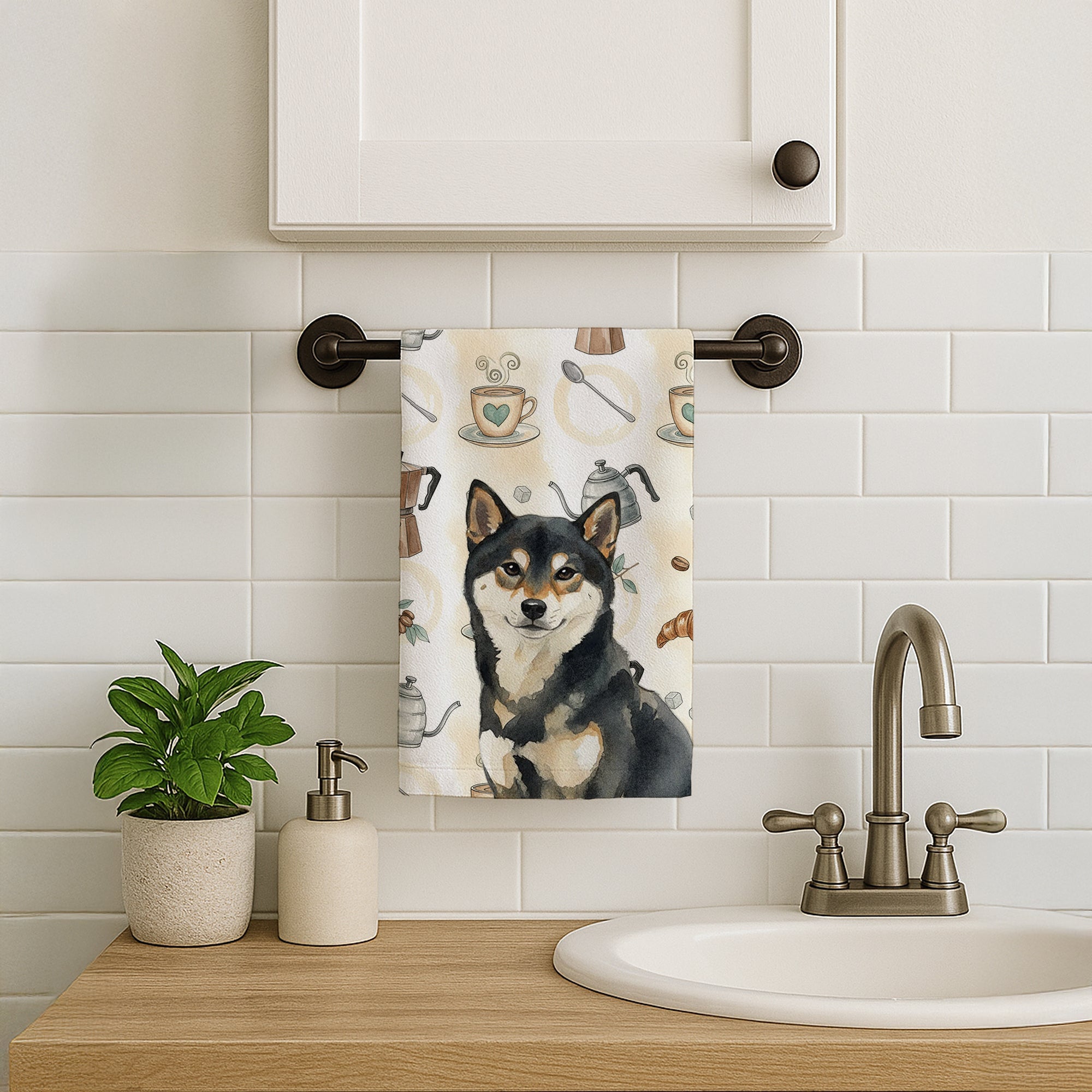 Black and Tan Shiba Inu Coffee Bar Kitchen Towel Velour Plush Front and Cotton Loop Back Machine Washable