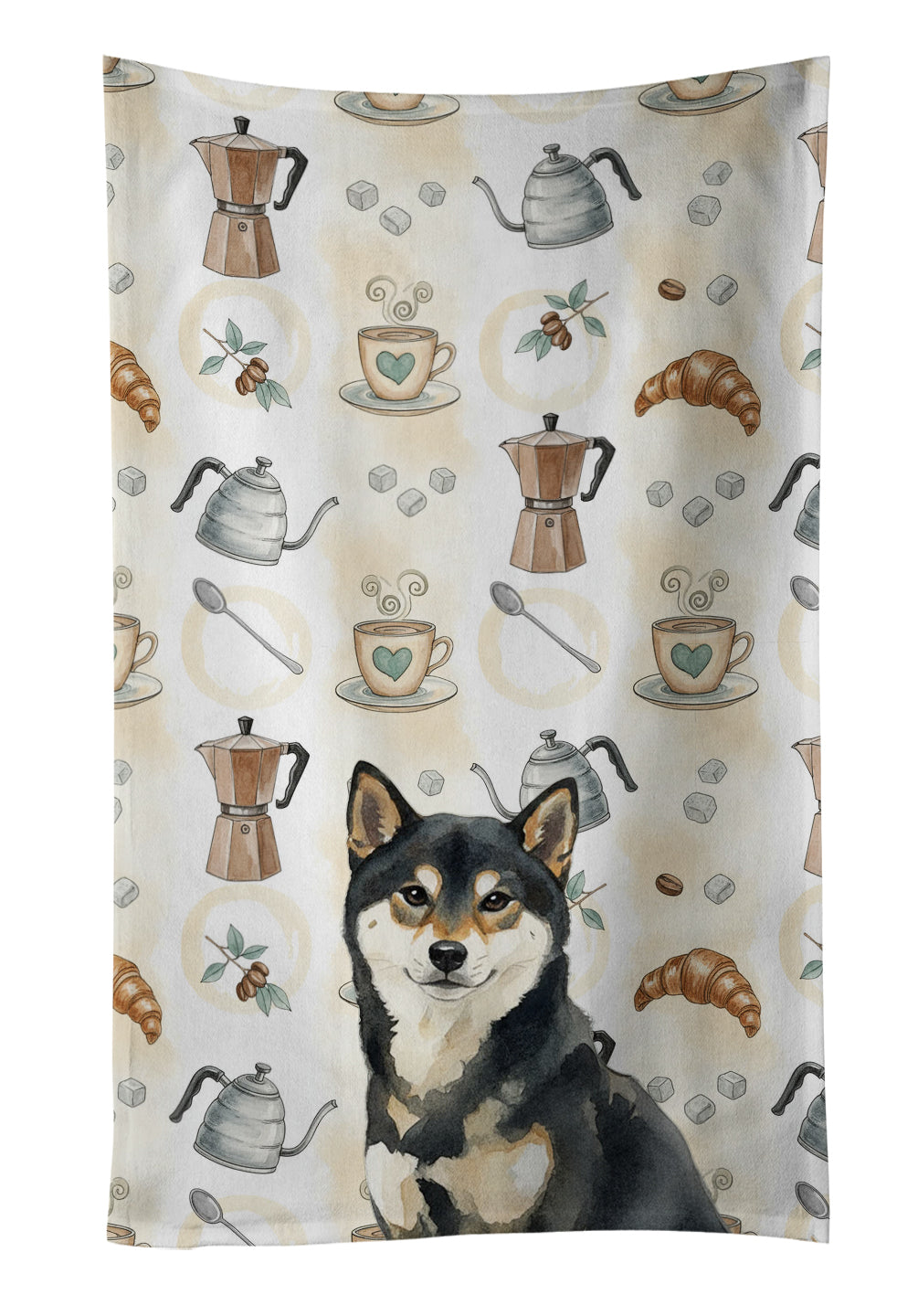 Black and Tan Shiba Inu Coffee Bar Kitchen Towel Velour Plush Front and Cotton Loop Back Machine Washable