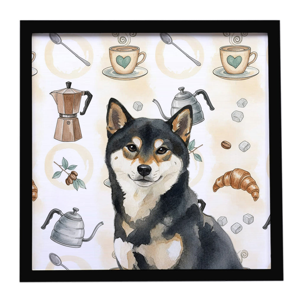 Black and Tan Shiba Inu Coffee Bar Framed Metal Print Bathroom, Kitchen, Office, Home Decor Wall Art Ready to Hang, Square, 8X8