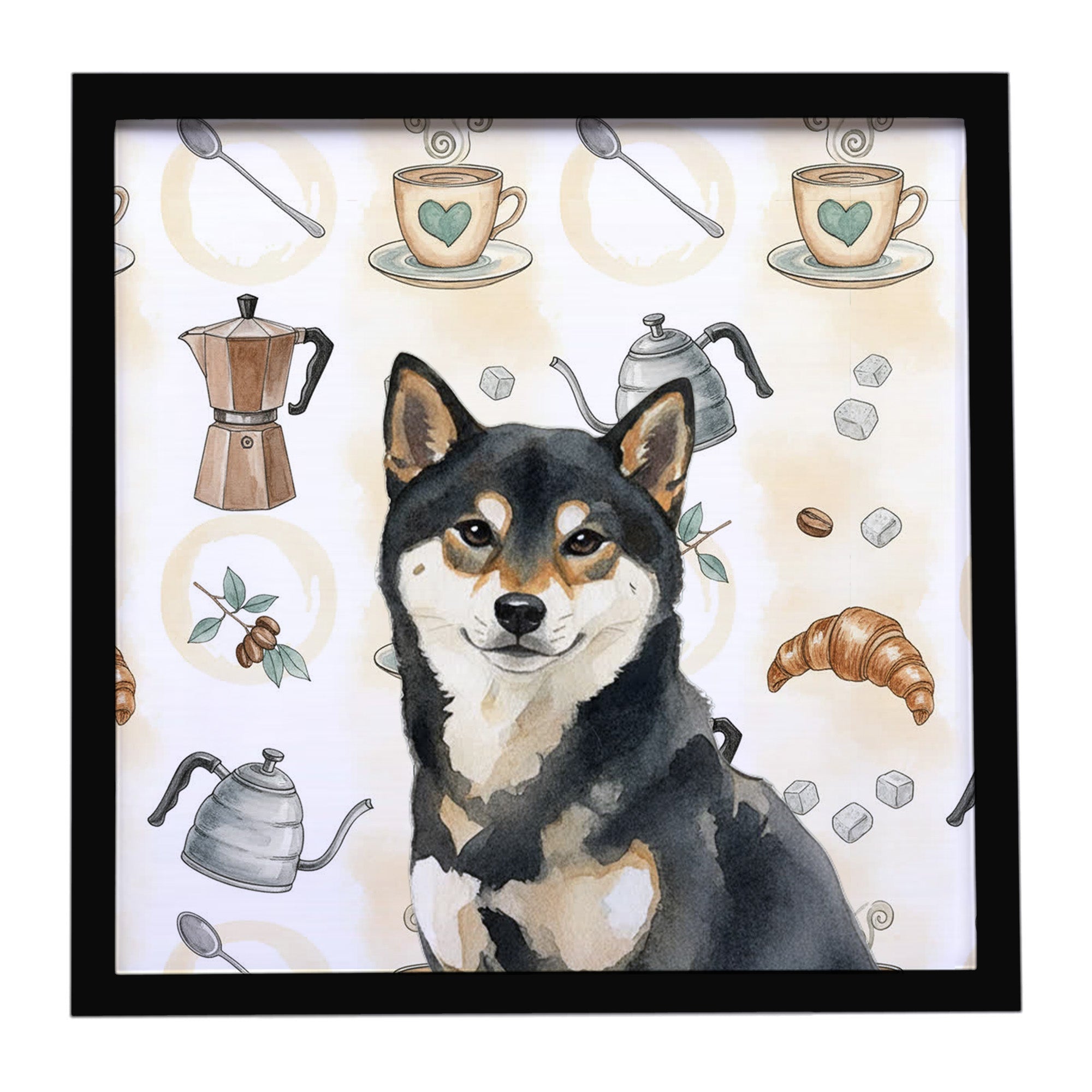 Black and Tan Shiba Inu Coffee Bar Framed Metal Print Bathroom, Kitchen, Office, Home Decor Wall Art Ready to Hang, Square, 8X8