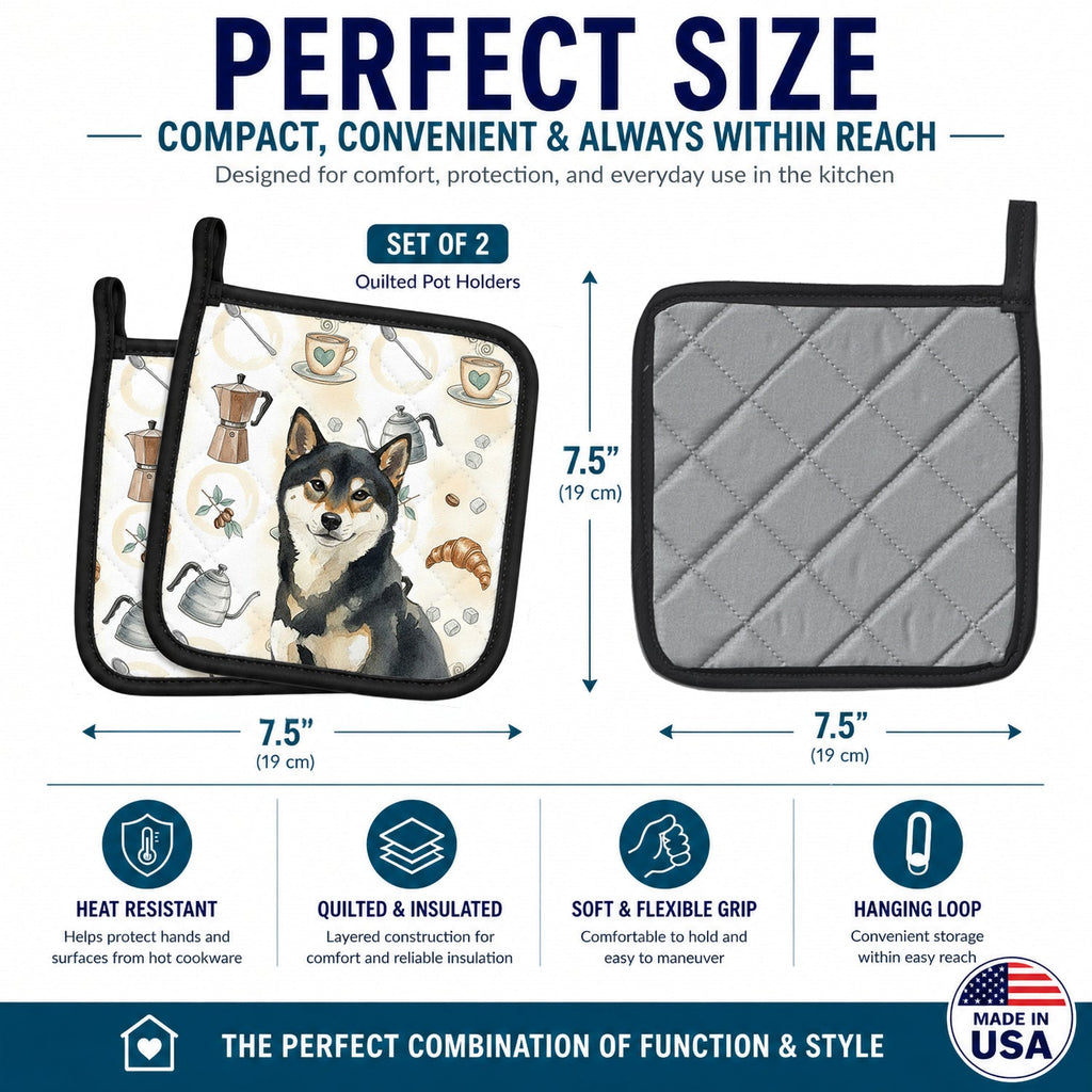 Black and Tan Shiba Inu Coffee Bar Pot Holder Set of 2 Heat Resistant Quilted Hot Pads 7.5 x 7.5 Inch, Insulated Kitchen Trivets for Cooking & Baking