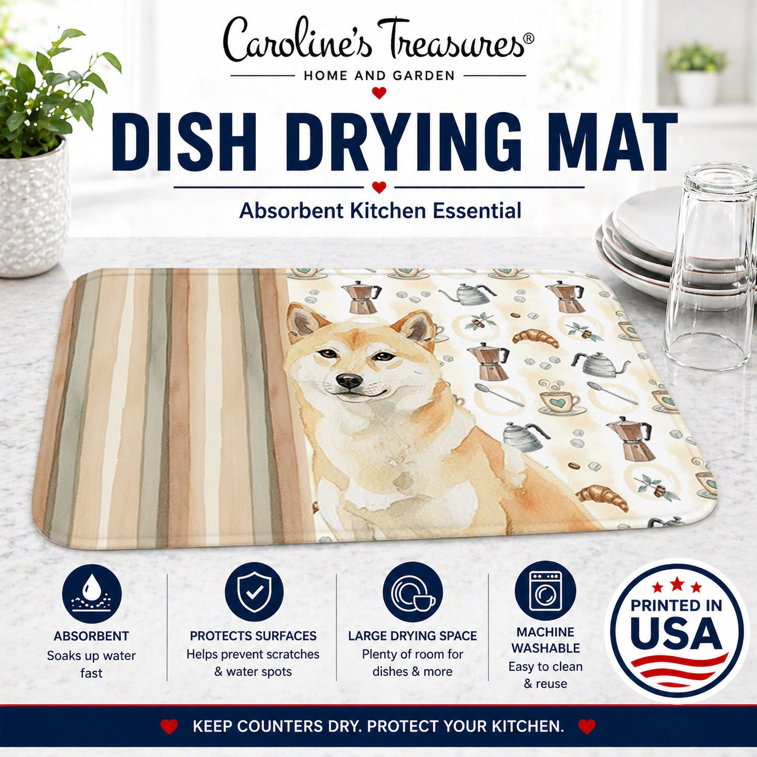 Cream Shiba Inu Coffee Bar Dish Drying Mat Absorbent Dish Drying Mat Pad for Kitchen Counter Dish Drainer Mat for Countertop, 14 x 21", Multicolor