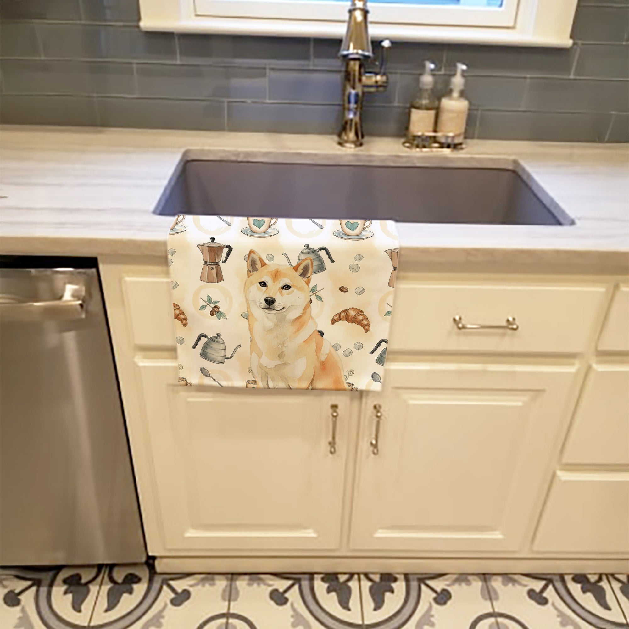Cream Shiba Inu Coffee Bar Kitchen Towel Velour Plush Front and Cotton Loop Back Machine Washable