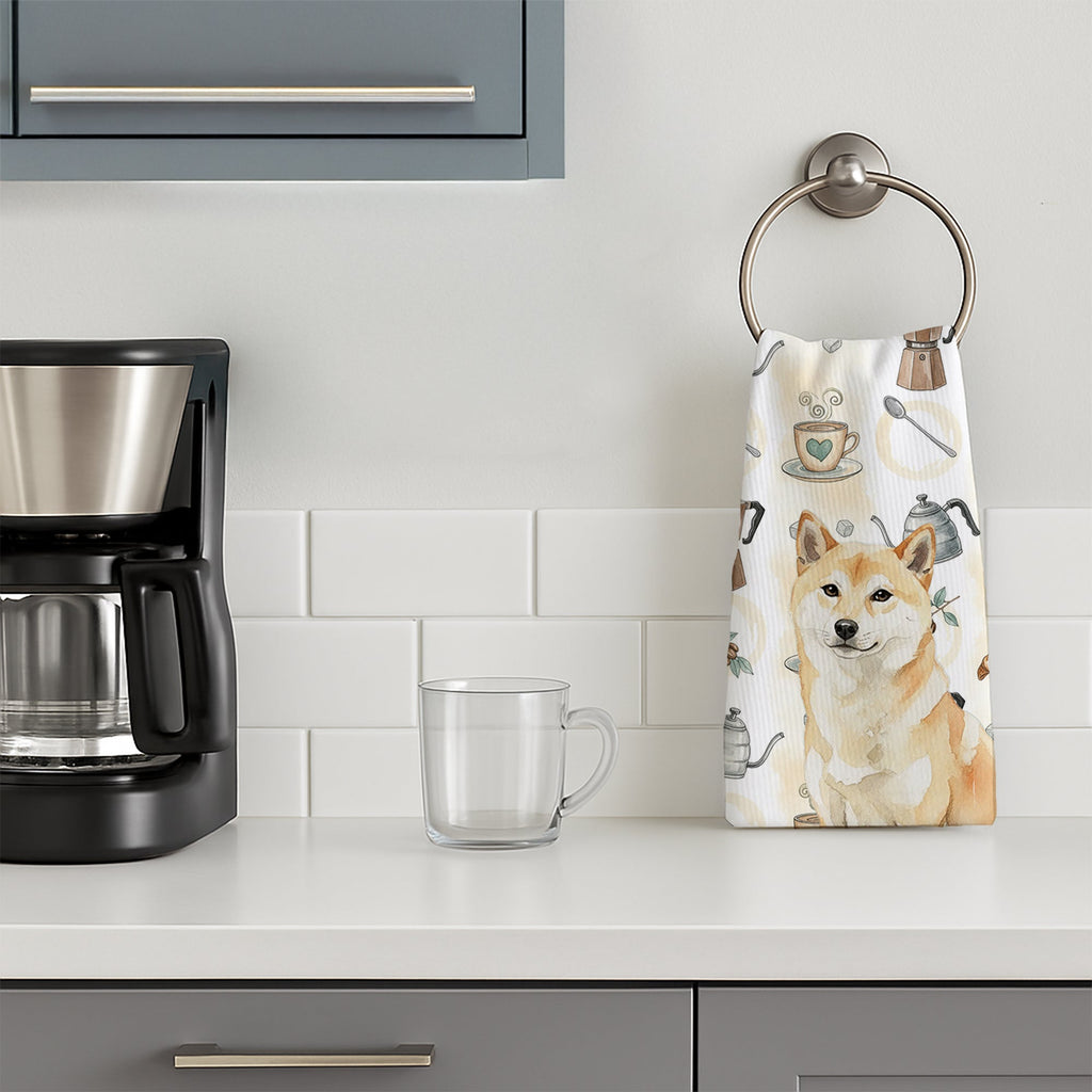 Cream Shiba Inu Coffee Bar Kitchen Towel Velour Plush Front and Cotton Loop Back Machine Washable