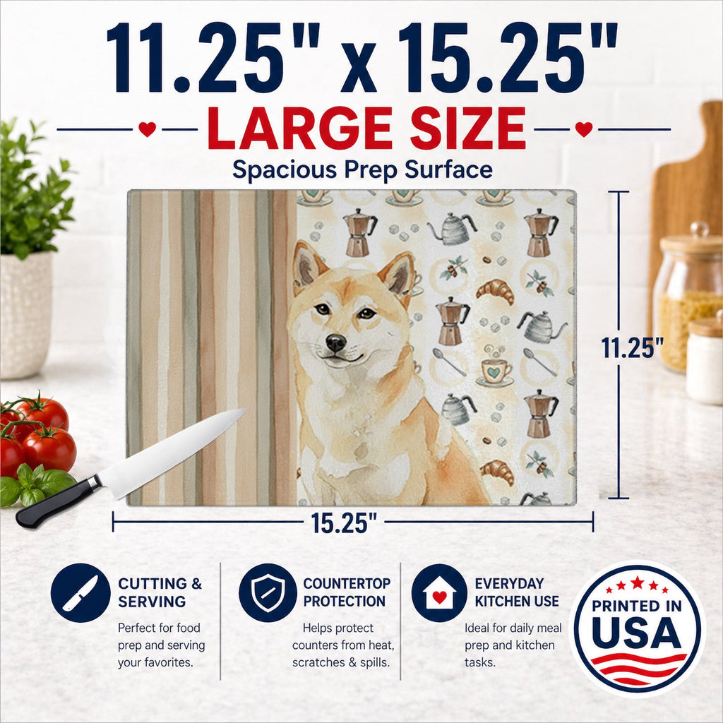 Cream Shiba Inu Coffee Bar Cutting Board Tempered Glass Kitchen Cutting Surface, Heat Resistant Chopping, Non-Slip Feet, Food Prep & Serving