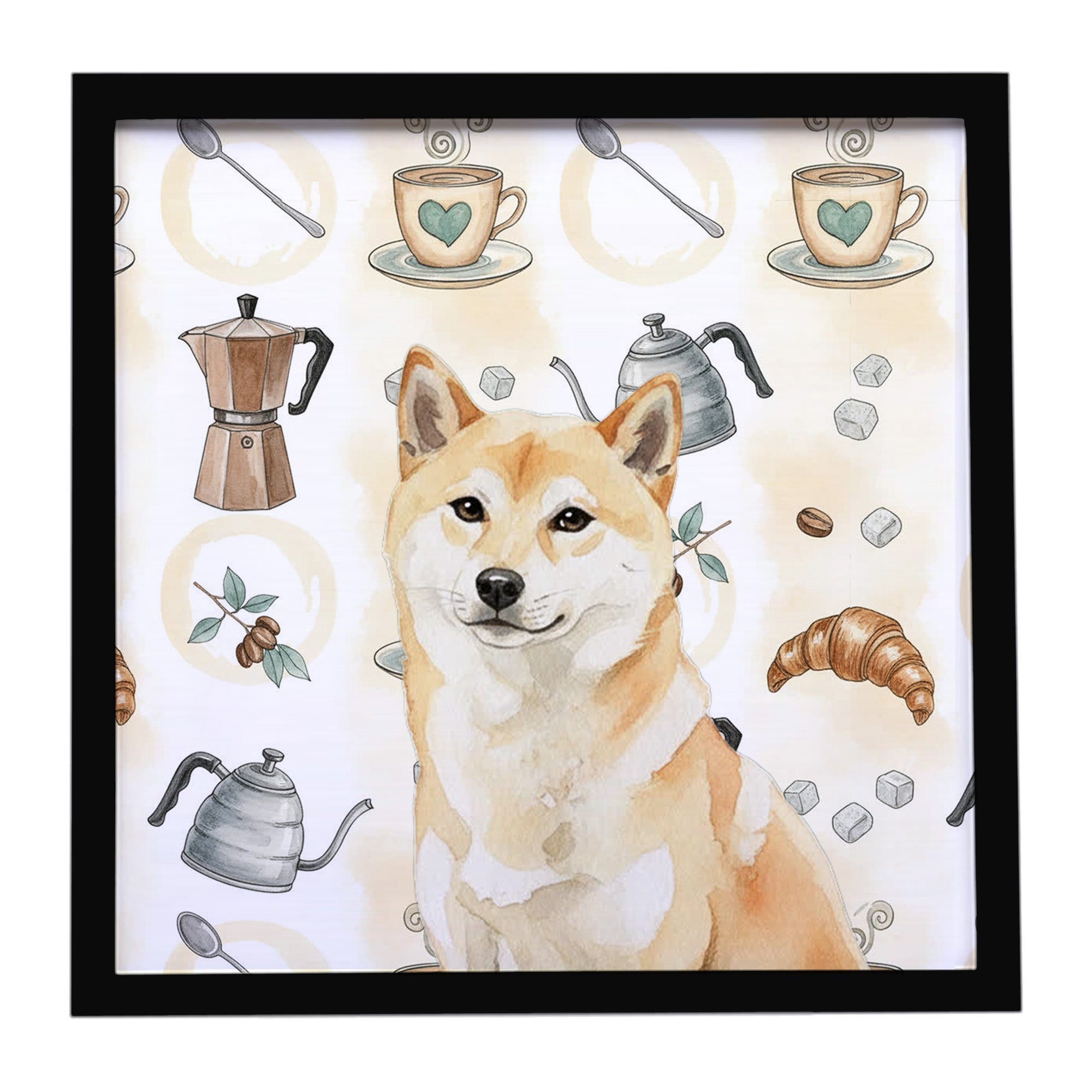 Cream Shiba Inu Coffee Bar Framed Metal Print Bathroom, Kitchen, Office, Home Decor Wall Art Ready to Hang, Square, 8X8