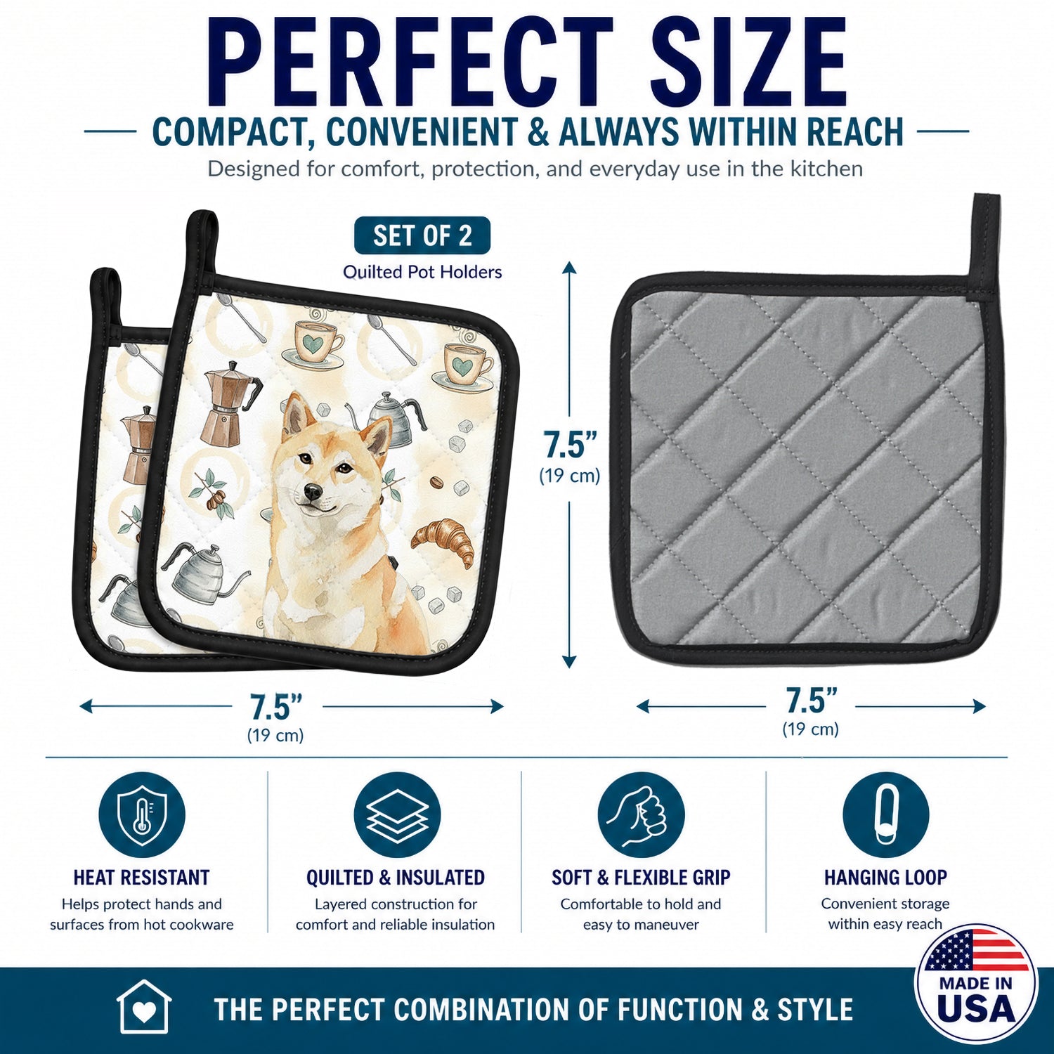 Cream Shiba Inu Coffee Bar Pot Holder Set of 2 Heat Resistant Quilted Hot Pads 7.5 x 7.5 Inch, Insulated Kitchen Trivets for Cooking & Baking