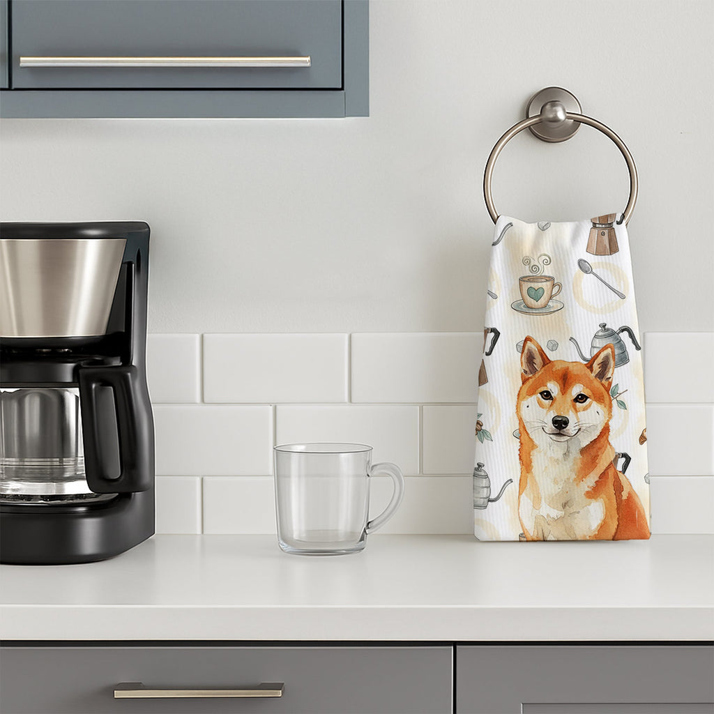 Red Shiba Inu Coffee Bar Kitchen Towel Velour Plush Front and Cotton Loop Back Machine Washable