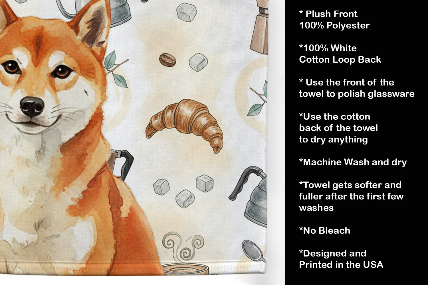Red Shiba Inu Coffee Bar Kitchen Towel Velour Plush Front and Cotton Loop Back Machine Washable