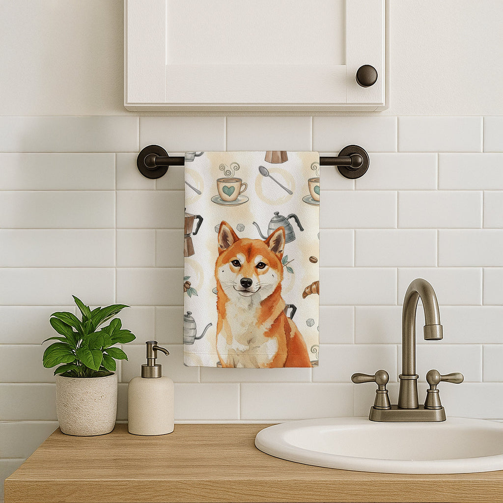 Red Shiba Inu Coffee Bar Kitchen Towel Velour Plush Front and Cotton Loop Back Machine Washable