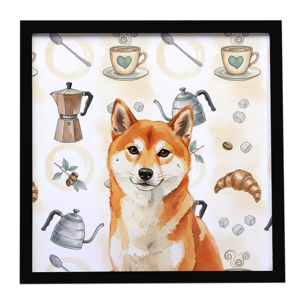 Red Shiba Inu Coffee Bar Framed Metal Print Bathroom, Kitchen, Office, Home Decor Wall Art Ready to Hang, Square, 8X8