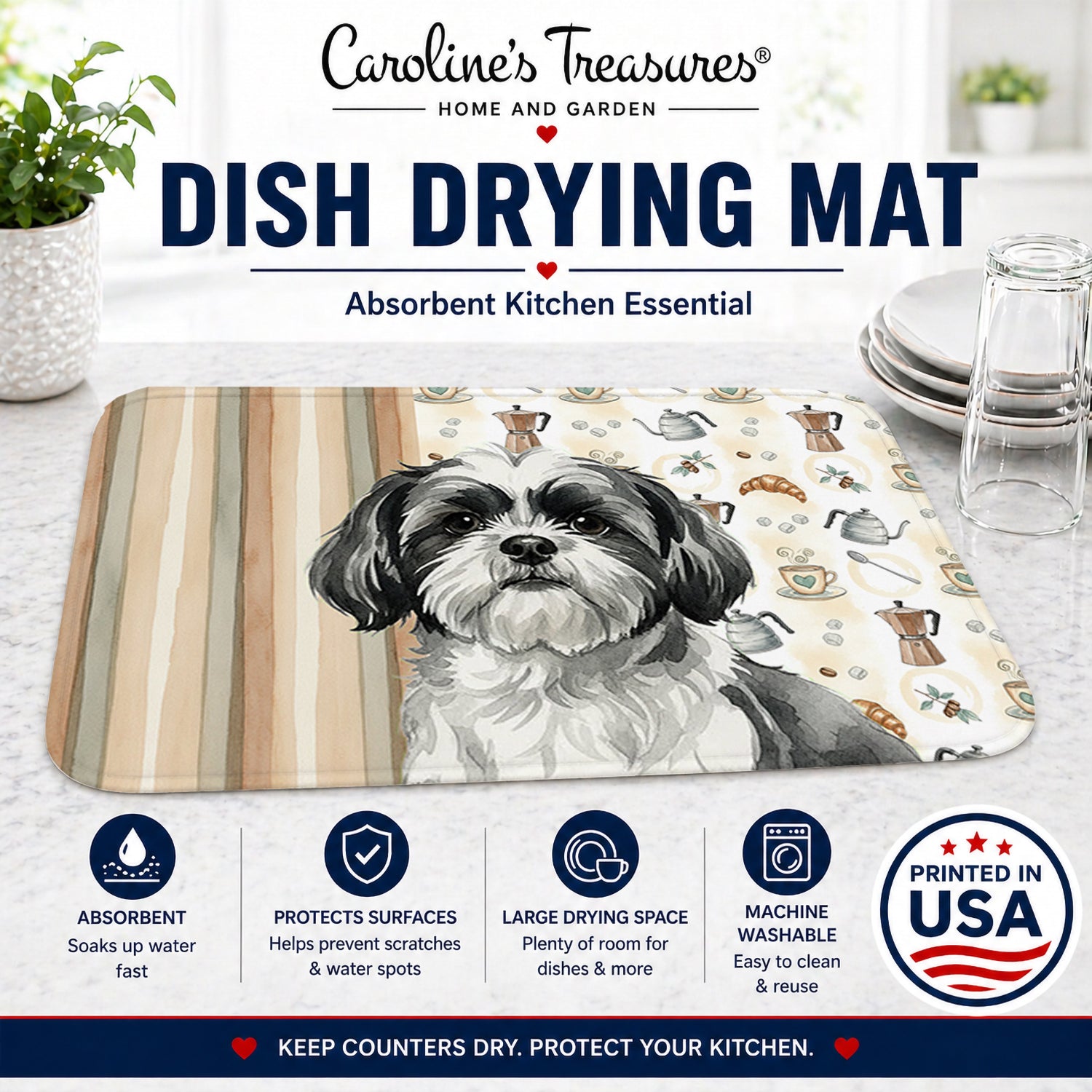 Black and White Shih Tzu Coffee Bar Dish Drying Mat Absorbent Dish Drying Mat Pad for Kitchen Counter Dish Drainer Mat for Countertop, 14 x 21", Multicolor