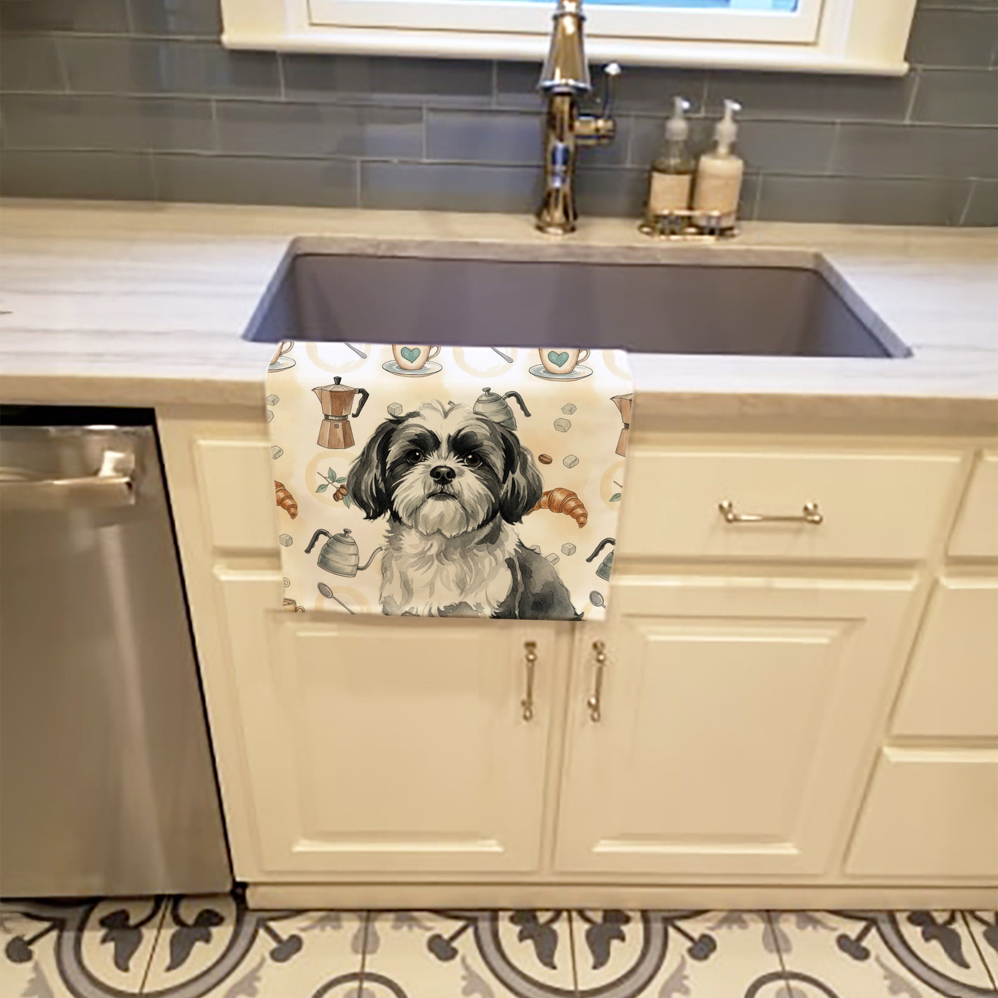 Black and White Shih Tzu Coffee Bar Kitchen Towel Velour Plush Front and Cotton Loop Back Machine Washable