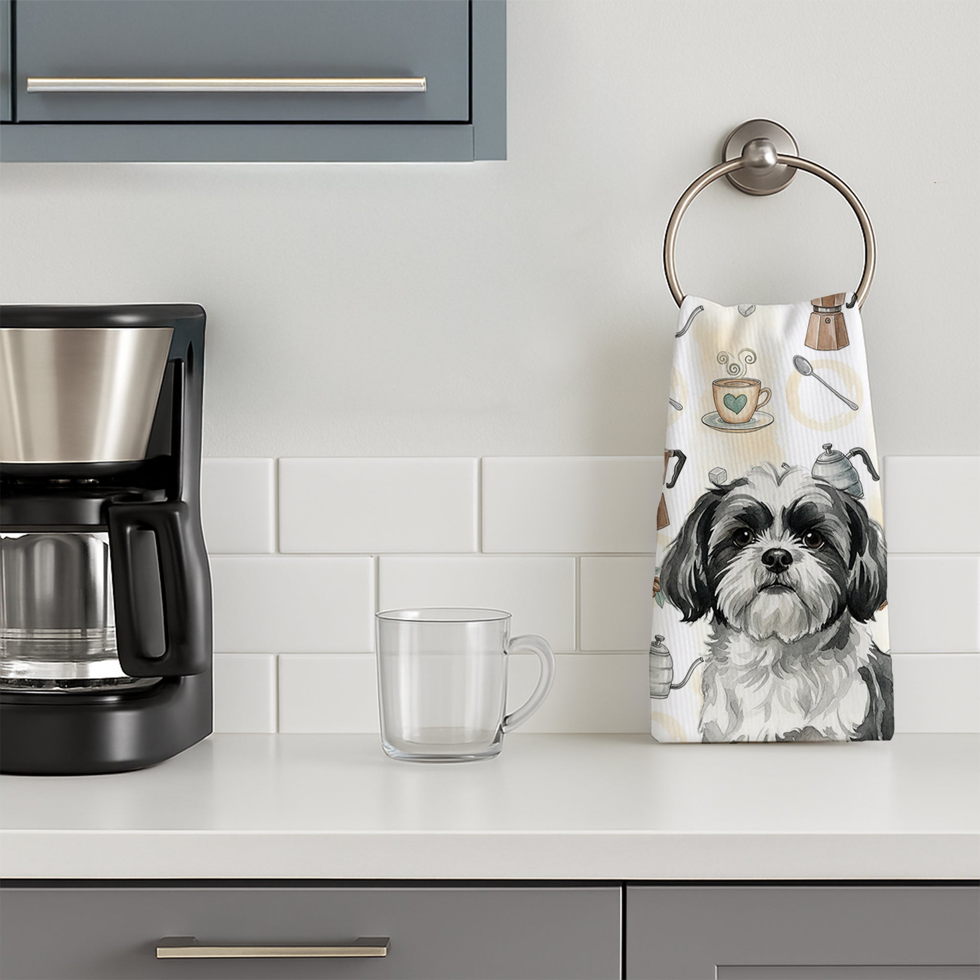 Black and White Shih Tzu Coffee Bar Kitchen Towel Velour Plush Front and Cotton Loop Back Machine Washable