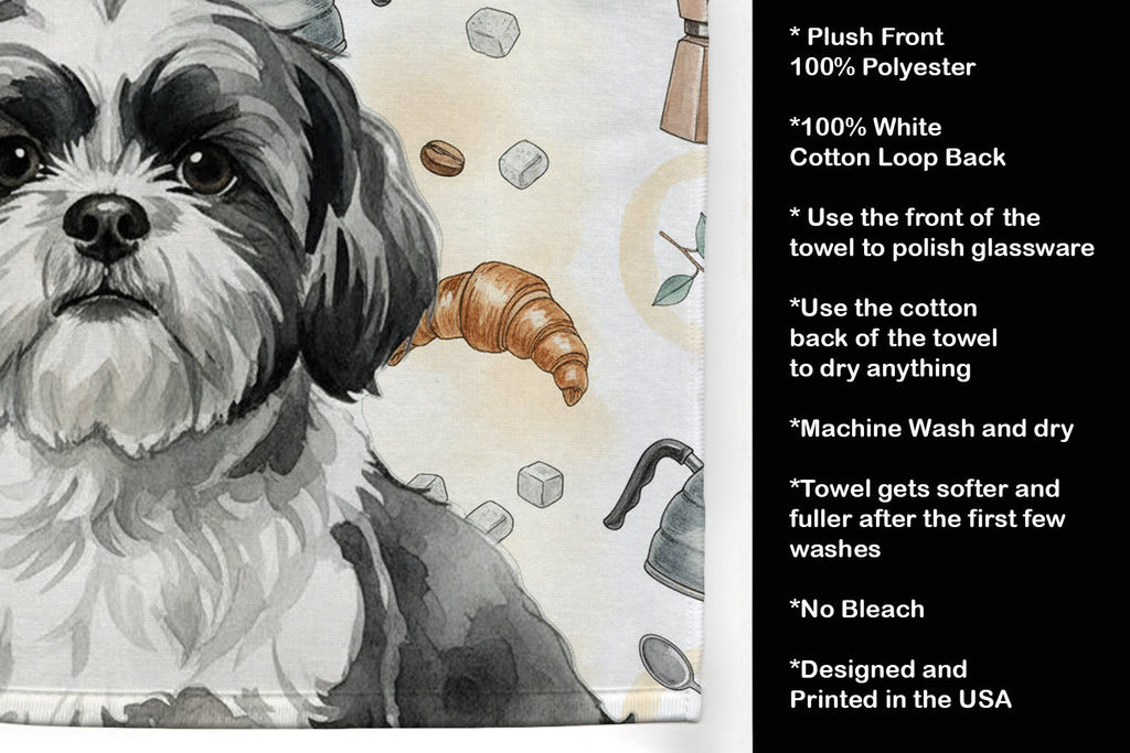 Black and White Shih Tzu Coffee Bar Kitchen Towel Velour Plush Front and Cotton Loop Back Machine Washable